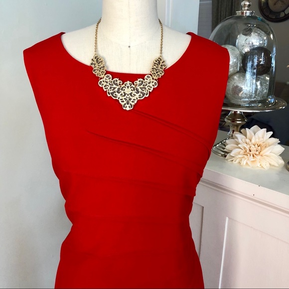 Calvin Klein Red Sunburst Sheath Dress Nwot - Picture 2 of 8